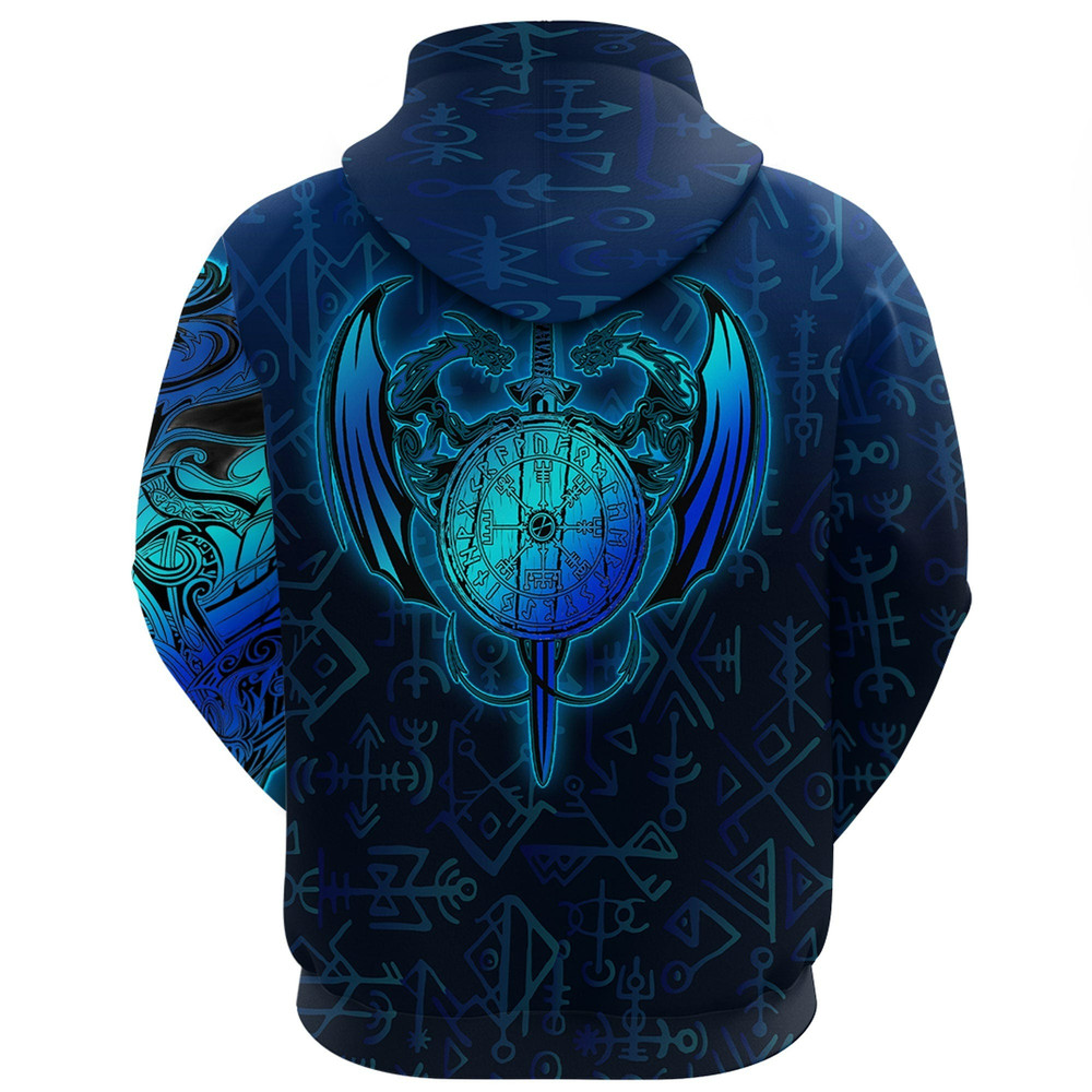 Viking Dragon and Vegvisir Blue Version Hoodie Viking Hoodie For Men Women