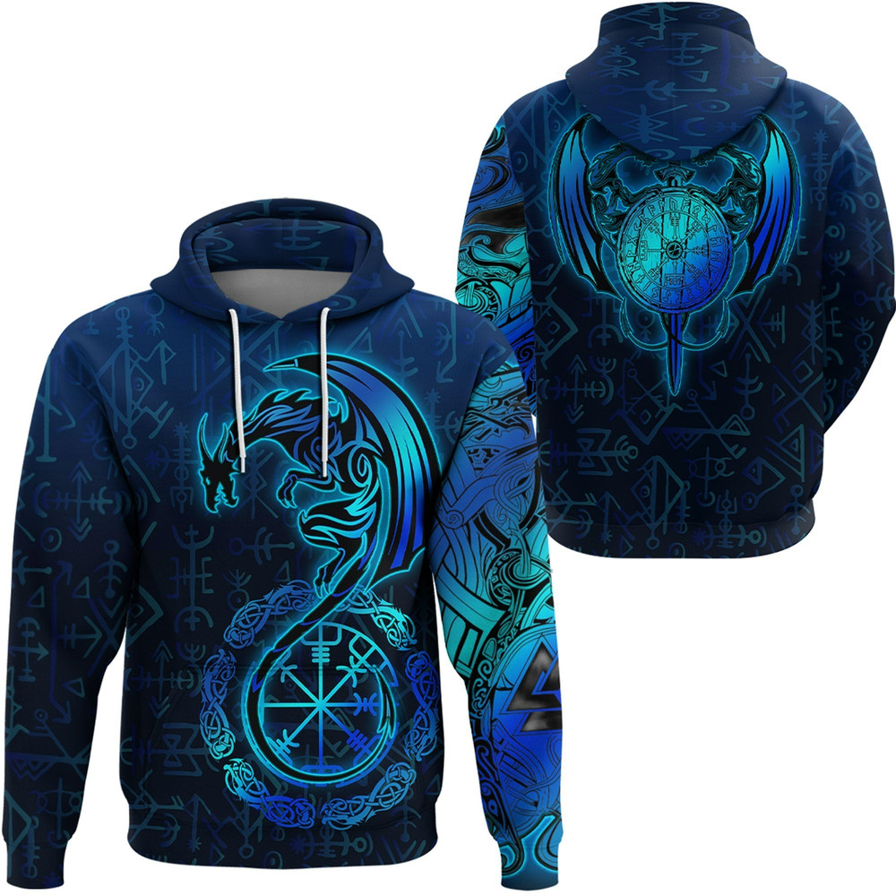 Viking Dragon and Vegvisir Blue Version Hoodie Viking Hoodie For Men Women
