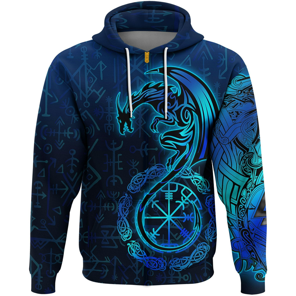Viking Dragon and Vegvisir Blue Version Zip Hoodie Viking Hoodie For Men Women