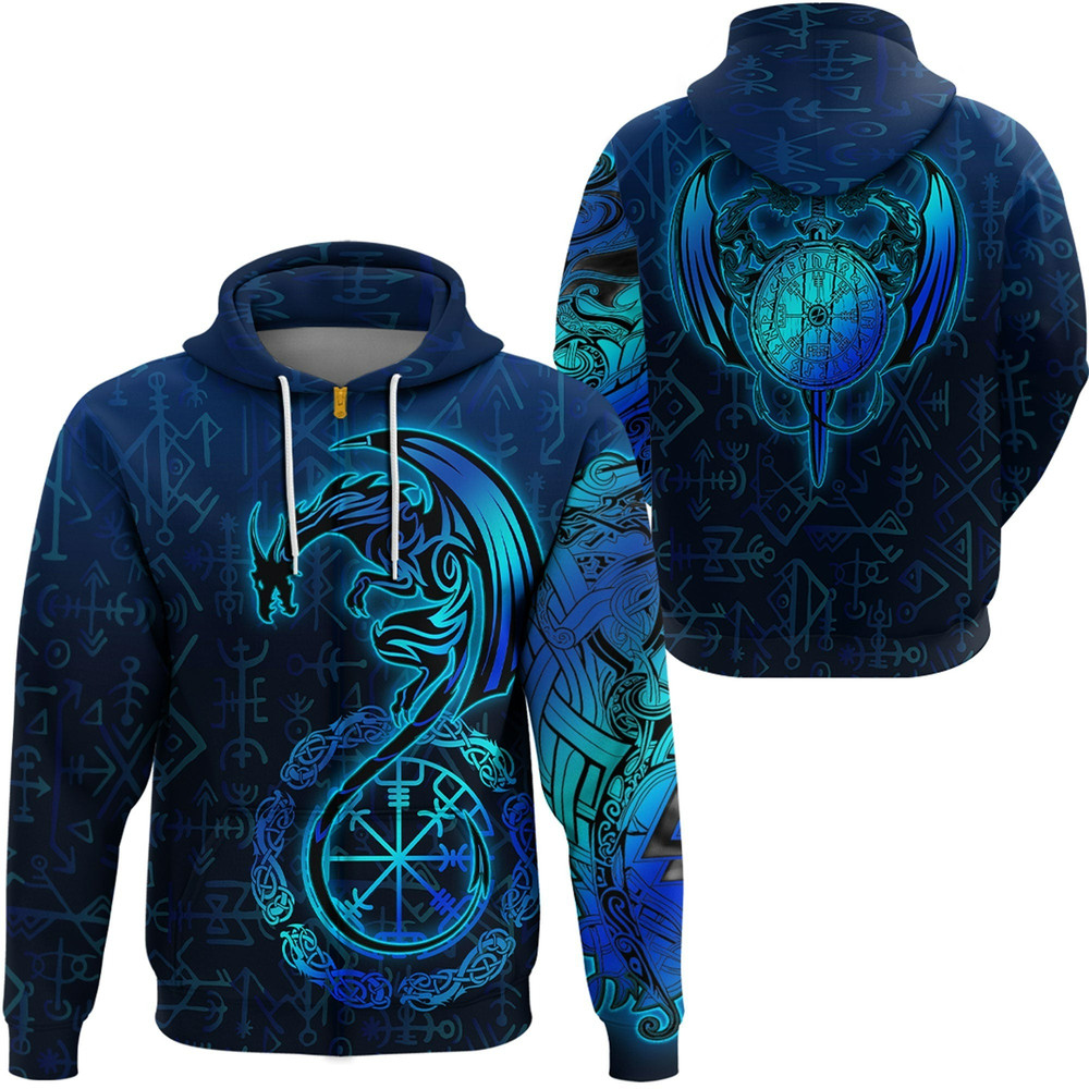 Viking Dragon and Vegvisir Blue Version Zip Hoodie Viking Hoodie For Men Women