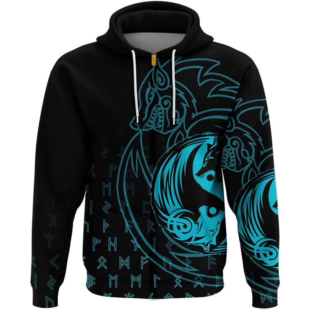 Wolf Cyan Zip Hoodie Viking Hoodie For Men Women
