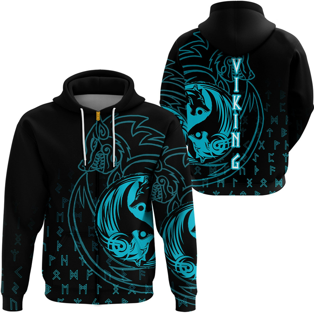Wolf Cyan Zip Hoodie Viking Hoodie For Men Women