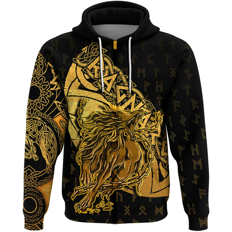 Fenrir Gold Zip Hoodie Viking Hoodie For Men Women