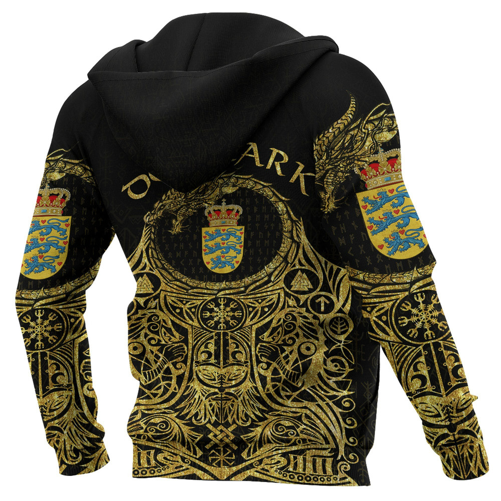 Denmark Odin Symbol Tattoo Gold Zip Hoodie Viking Hoodie For Men Women