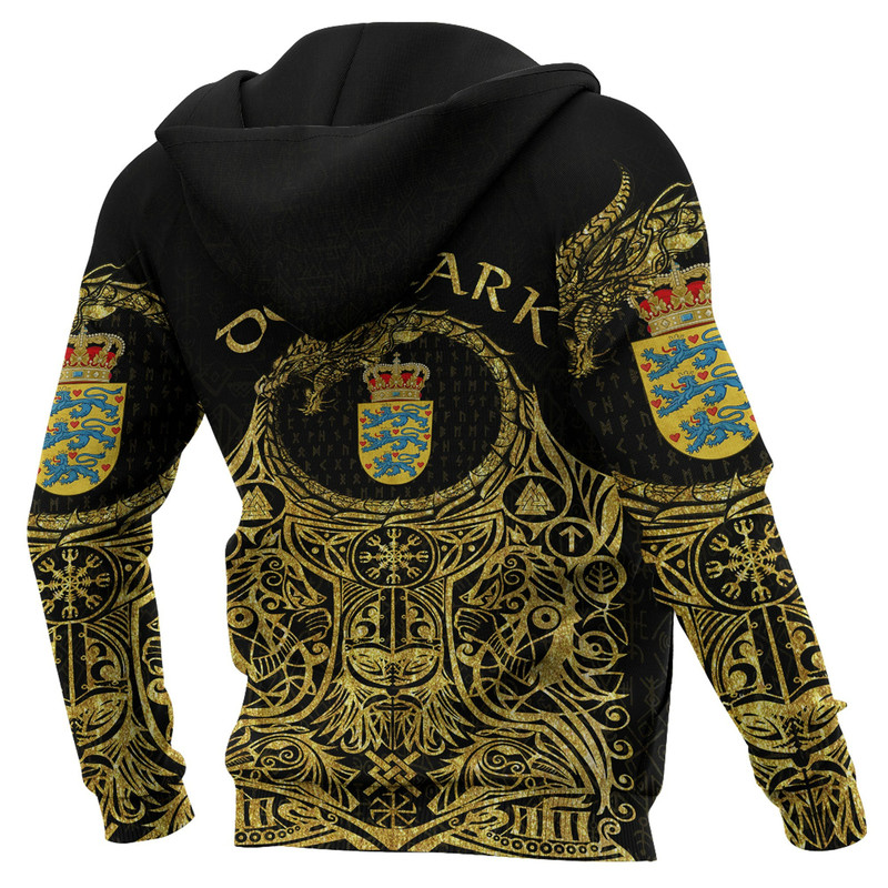 Denmark Odin Symbol Tattoo Gold Zip Hoodie Viking Hoodie For Men Women