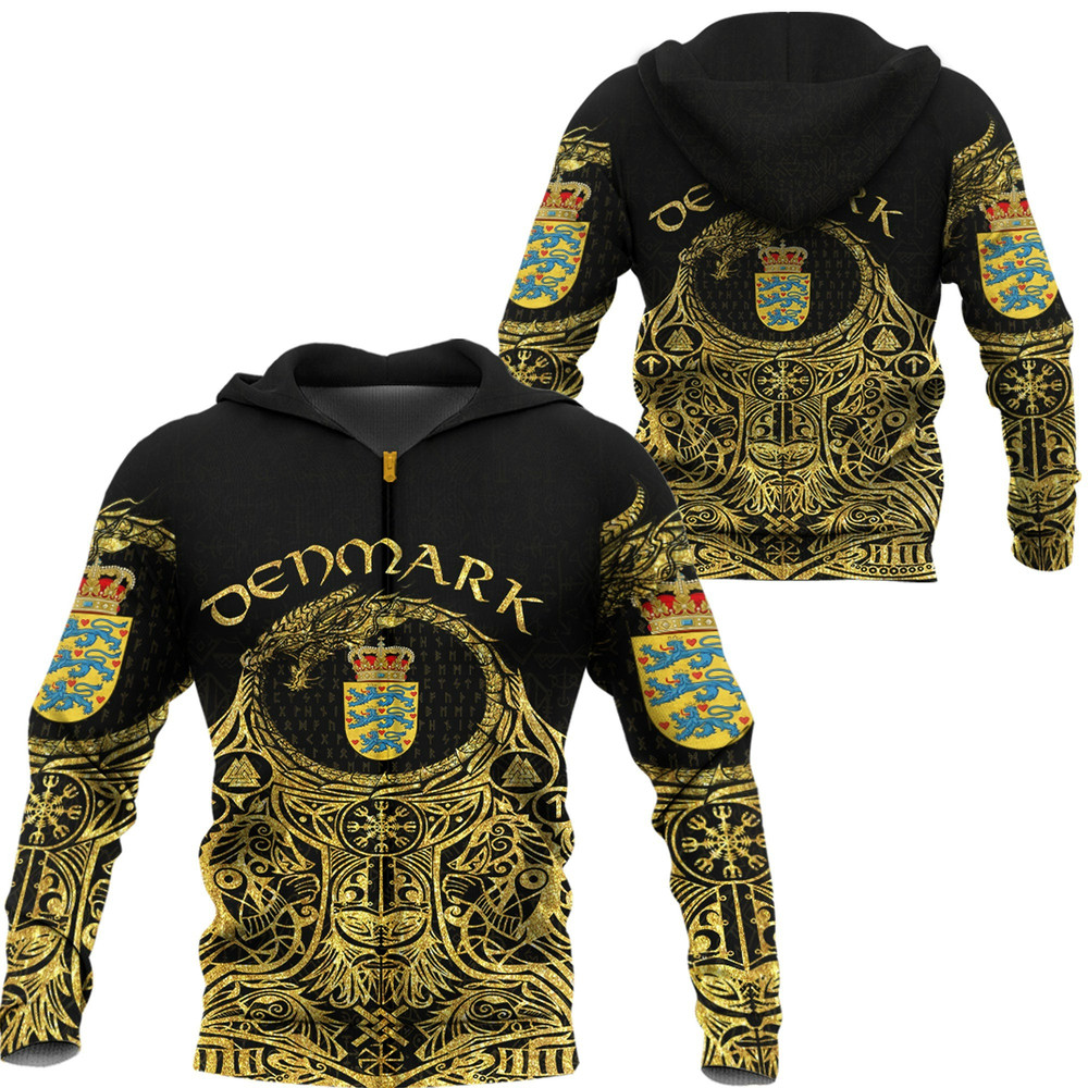 Denmark Odin Symbol Tattoo Gold Zip Hoodie Viking Hoodie For Men Women