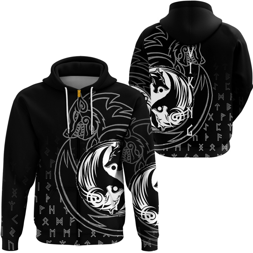Wolf Black Zip Hoodie Viking Hoodie For Men Women