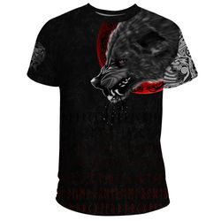 wolf and blood moon, viking t shirt for men women