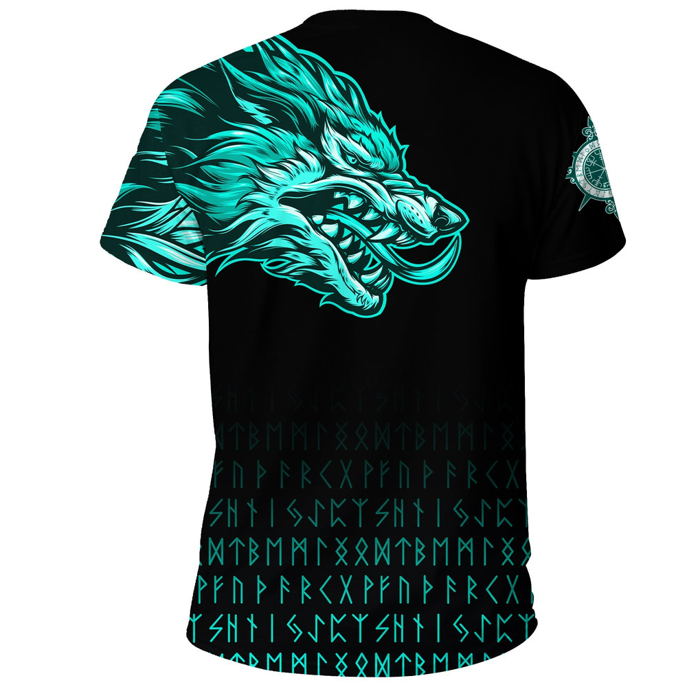 Fenrir Wolf Cyan Near Shoulder Viking T Shirt For Men Women