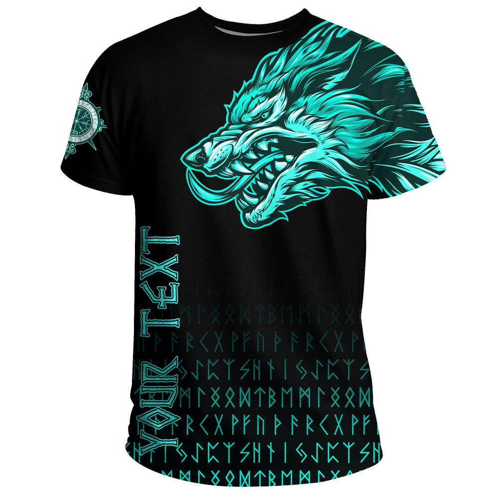 Fenrir Wolf Cyan Near Shoulder Viking T Shirt For Men Women