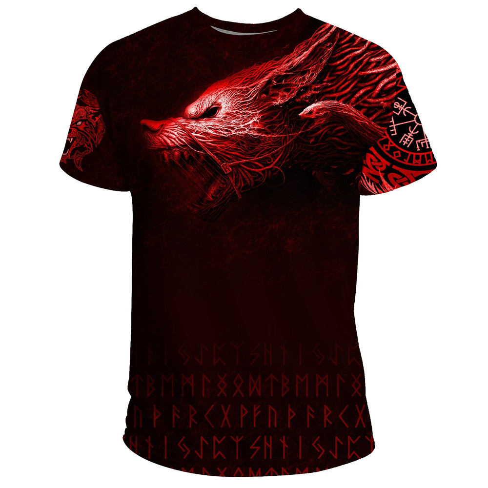 Fenrir Wolf Red Viking T Shirt For Men Women