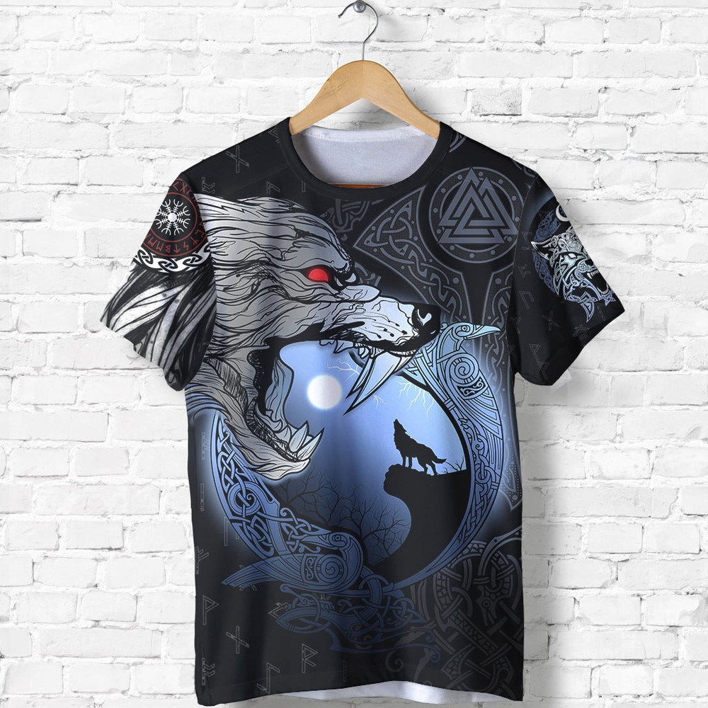 Fenrir And Moon Viking T Shirt For Men Women