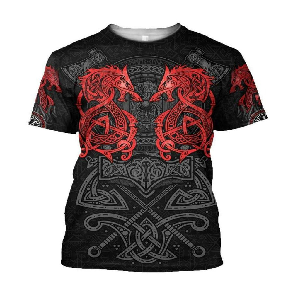 Red Fenrir Viking Wolf Tattoo TShirt Viking T Shirt For Men Women