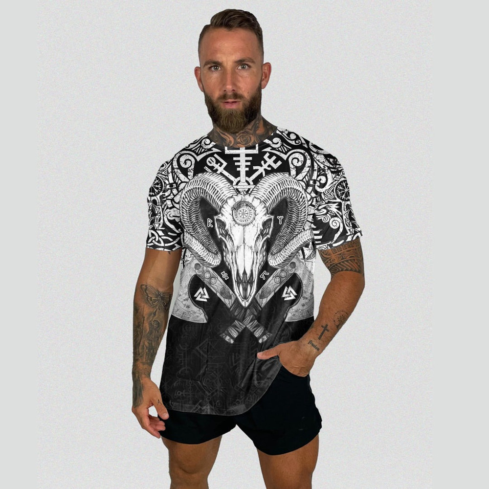 Ram Skull Tattoo With Vegvisir and Valknut TShirts Viking T Shirt For Men Women