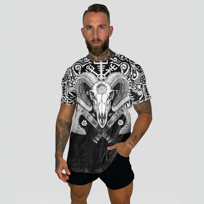 Ram Skull Tattoo With Vegvisir and Valknut TShirts Viking T Shirt For Men Women