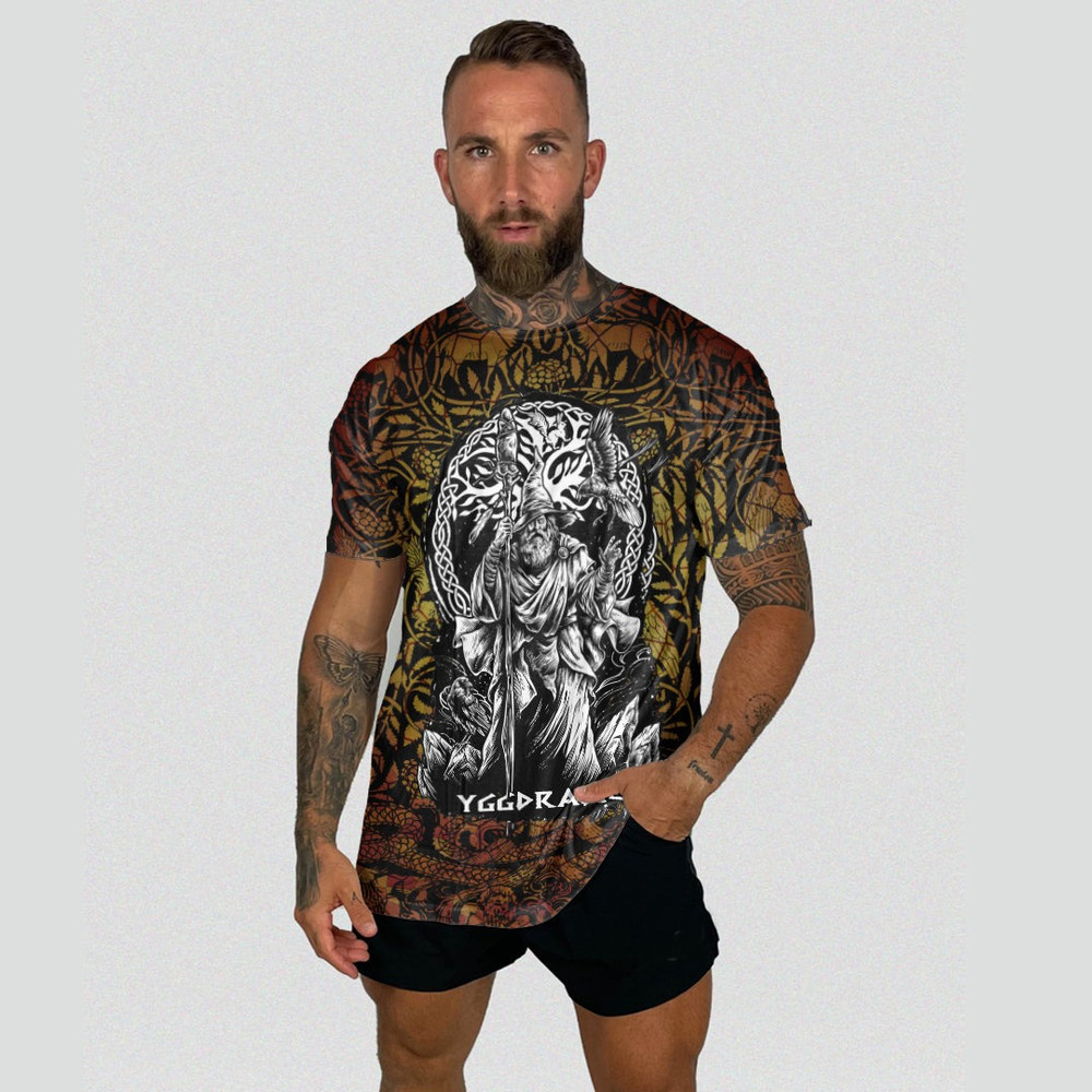 Magician on Yggdrasil Background TShirt Viking T Shirt For Men Women