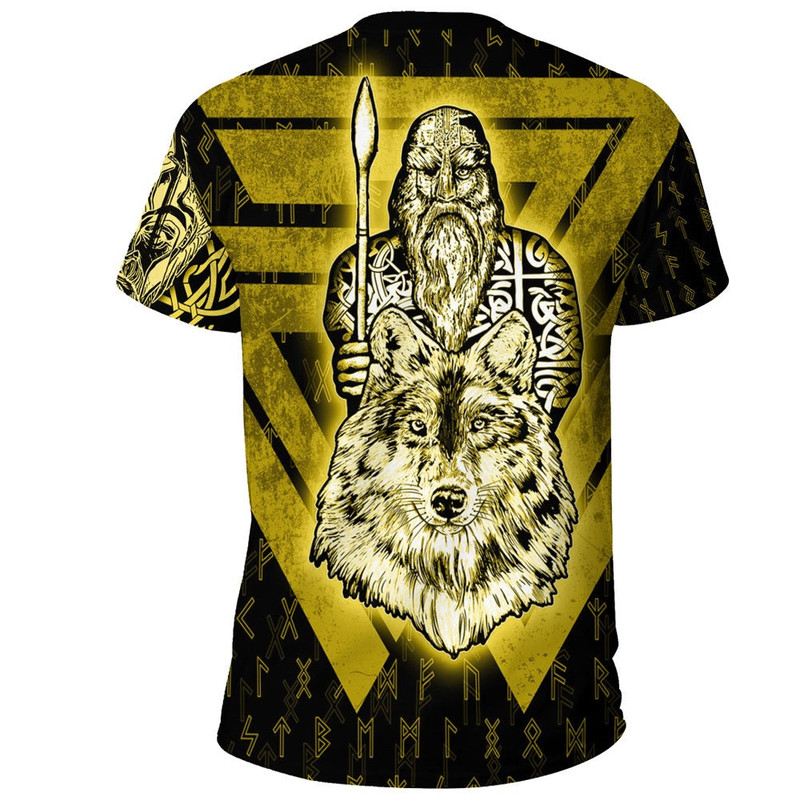 Odin and Wolf Viking Gold TShirt Viking T Shirt For Men Women