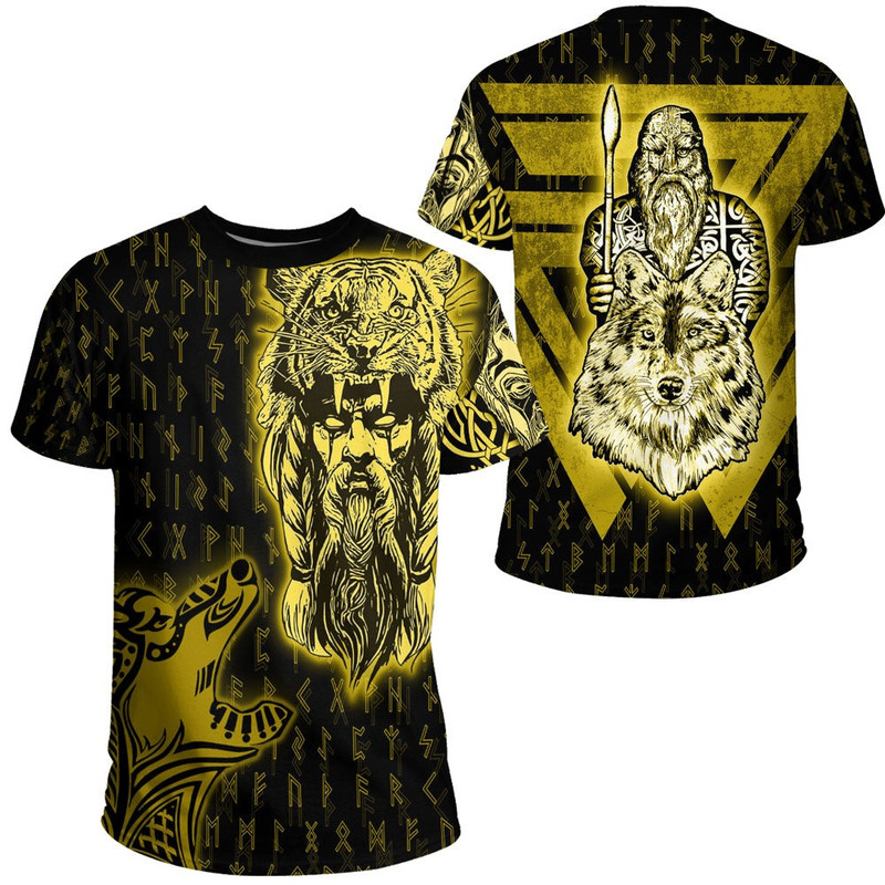 Odin and Wolf Viking Gold TShirt Viking T Shirt For Men Women
