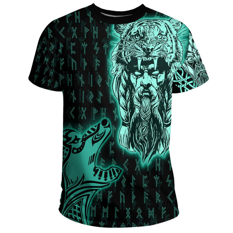 Odin and Wolf Viking Turquoise TShirt Viking T Shirt For Men Women