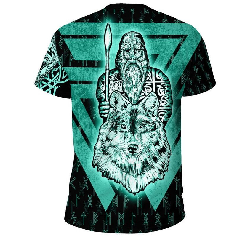 Odin and Wolf Viking Turquoise TShirt Viking T Shirt For Men Women