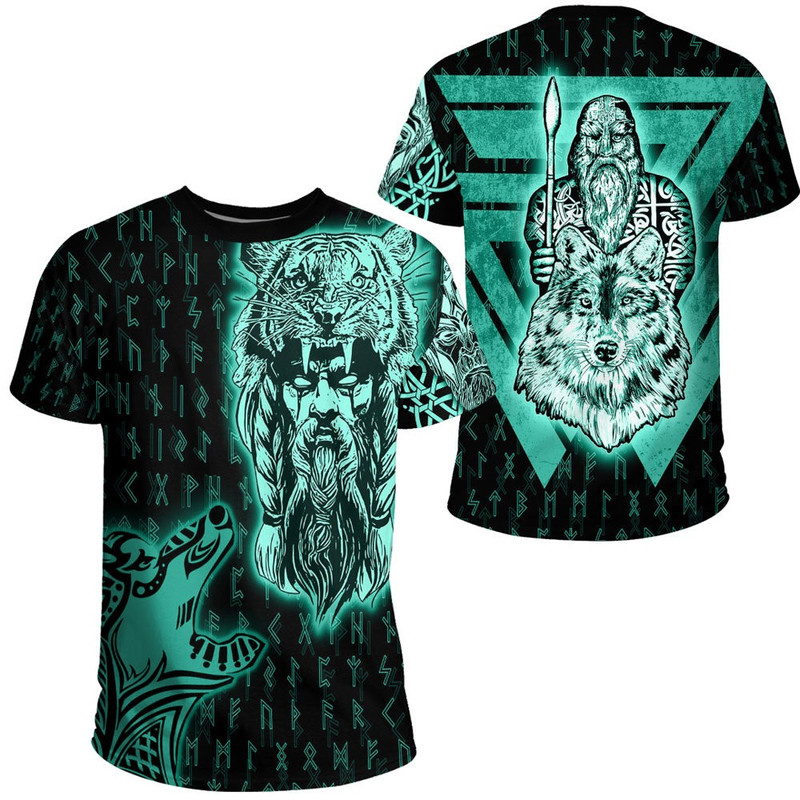 Odin and Wolf Viking Turquoise TShirt Viking T Shirt For Men Women