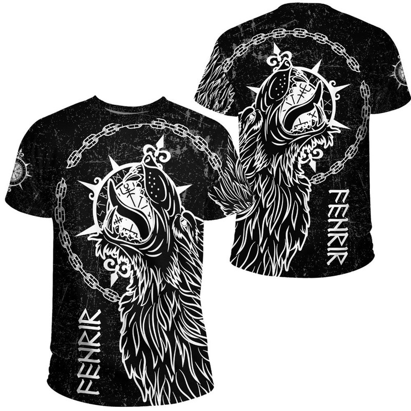 Wolf Fenrir To Old Norse Mythology On White Brush Style TShirt Viking T Shirt For Men Women