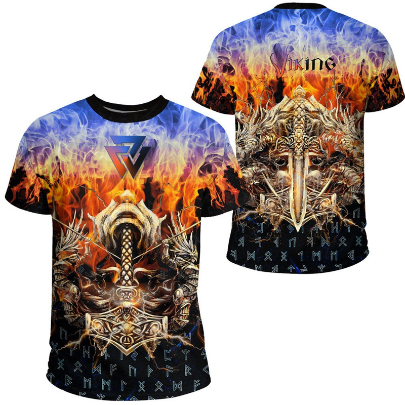 Viking Valkyrie Warrirors Valknut Fire Gradiant Norse God of Thunder TShirt Viking T Shirt For M