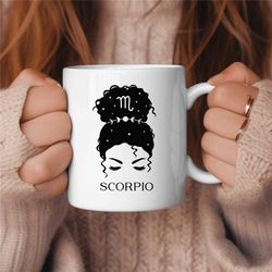scorpio coffee mug, messy bun zodiac birthday gift for her, horoscope ceramic mug
