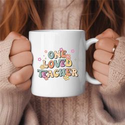 one loved teacher retro groovy teacher coffee mug, middle school teacher gift, elementary teacher gift, cute teacher gif