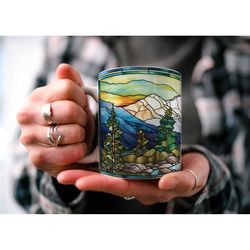 stained glass mountain range coffee mug | nature inspired | outdoor design | watercolor mountain scene | dad gift | gift