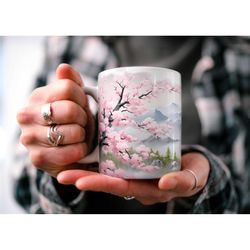 cherry blossom mountain coffee mug | nature inspired | outdoor design | watercolor mountain scene | mom gift | hiker gif