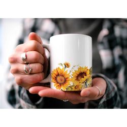 charming sunflower mug, floral cottagecore mug, botanical mug, beautiful watercolor charming sunflower design, nature lo