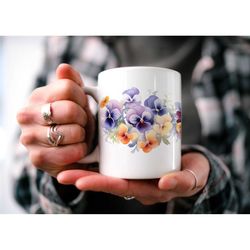 charming pansies mug, enchanting floral cottagecore mug, botanical mug, beautiful watercolor charming pansies design, na