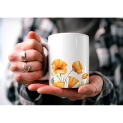 california poppies mug, enchanting floral cottagecore mug, botanical mug, beautiful watercolor california poppies design