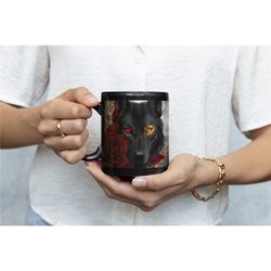 wolf head mug black wolf red rose spiritual animal mug gift for her gift for him celestial cup animal nature gift birthd
