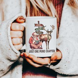 book lover mug, retro xmas winter holiday coffee mug, merry christmas santa tea cup, just one more chapter mug, book ner