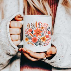 red boho floral mug, cute flower coffee mug, retro botanical tea cup, aesthetic floral nature mug, flower garden lover g