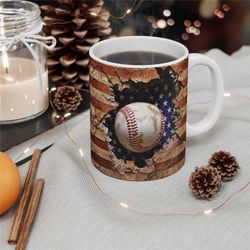 3d vintage baseball mug, 3d baseball crack hole american flag 11oz coffee mug, 4th of july, 3d baseball
