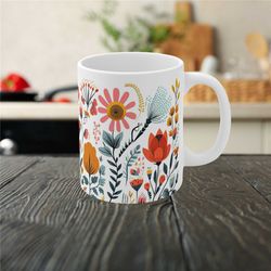 nature floral mug, boho wildflowers cottagecore coffee mug, vintage botanical tea cup, pastel floral nature mug, flower