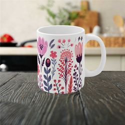 cute pink boho wildflowers cottagecore coffee mug, vintage botanical tea cup, pastel floral nature mug, flower garden lo