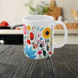 vibrant floral mug, boho wildflowers cottagecore coffee mug, vintage botanical tea cup, pastel floral nature mug, flower