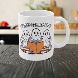 ghost banned books mug, funny book lover halloween mug, bookworm, book nerd mug, teacher, librarian, funny gift