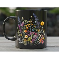 pressed flowers mug, colorful wildflowers cottagecore coffee mug, vintage botanical tea cup, pastel floral nature mug, b