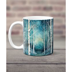 winter birch trees mug, winter birch tree forest, snow covered trees mug, woodland coffee cup, white birch ceramic mug,