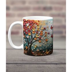 colorful tree mug, butterfly mug, fall colors tree cup, butterflies coffee cup, flower tree ceramic mug, autumn tree mug