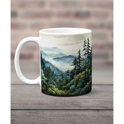 Evergreen Tree Forest Mug, Pine Tree Ceramic Mug, Forest Mountain Coffee Cup, Beautiful Trees Gift Mug, Woodland Mug, Na