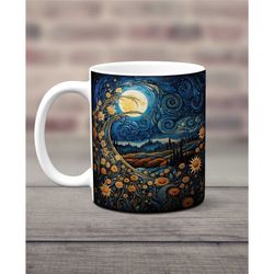 full moon wildflower coffee mug, nature lover gift mug, moon and flowers cup, floral moon gift mug, plant lover gift mug