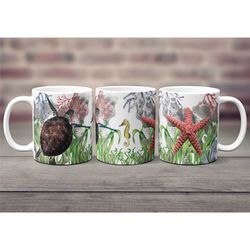 turtle mug, nautical coffee mug, ocean mug, turtle coffee mug, sea turtle mug, seashell mug, seahorse mug, ocean lover,