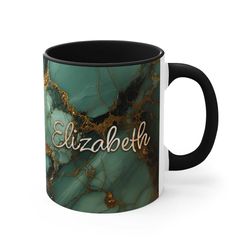 personalized name coffee mug, green and gold marble, 11oz or 15oz, microwave & dishwasher safe, marble image with custom