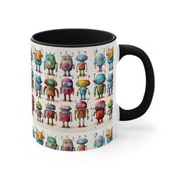 fantastic retro robots - coffee mug, tea cup, 11oz or 15oz - orca coating - retro artwork robots illustration futuristic